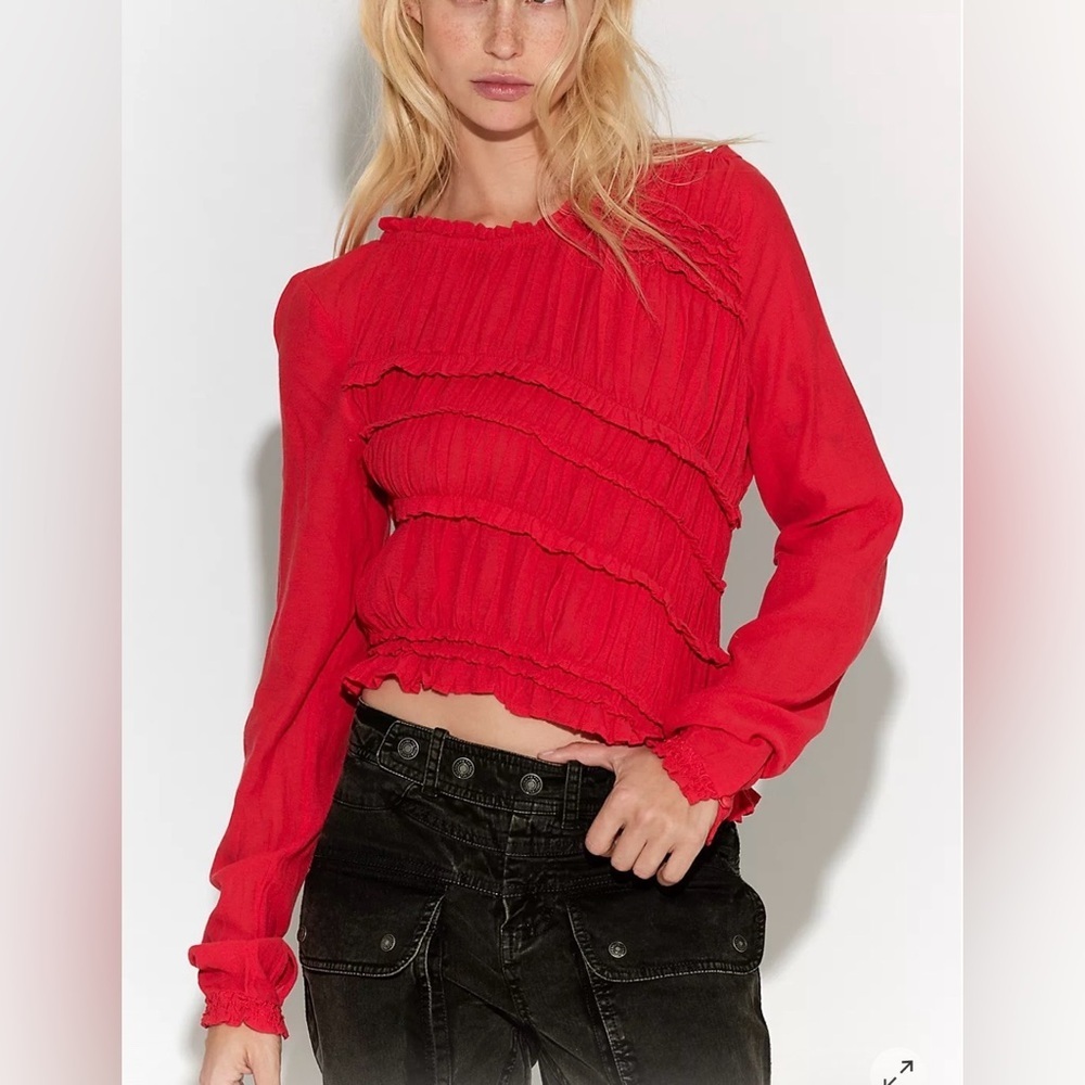 NWT Free People Pink Sands Ruched Long Sleeve Top Elegant Red Women's Top